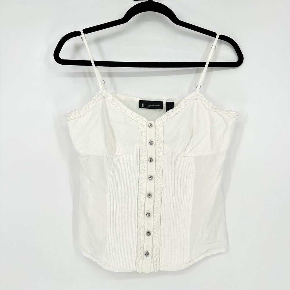 Y2K INC International Concept White Pintuck Pleated Ruffle Rhinestone Cami Top 6